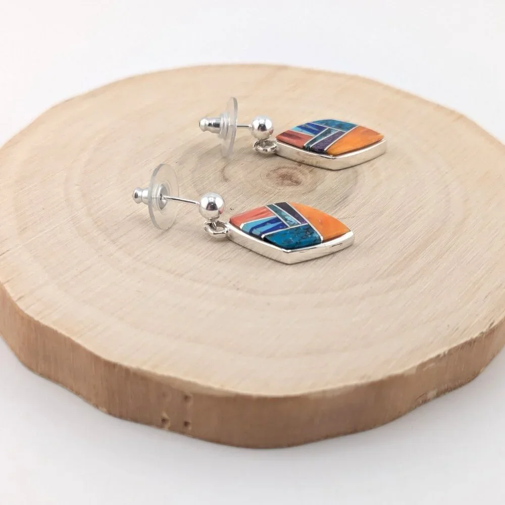 Handcrafted Navajo Multi Stone Inlay Dangle Sterling Silver Earrings Southwest**